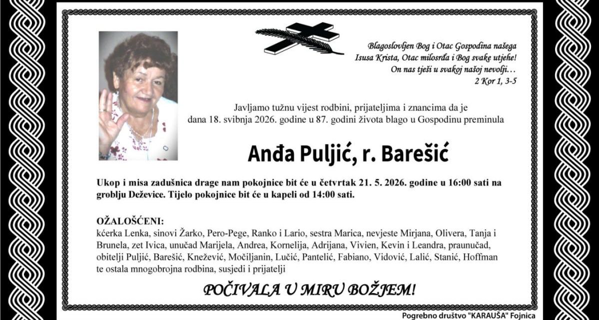 Preminula je Anđa Puljić, rođ. Barešić