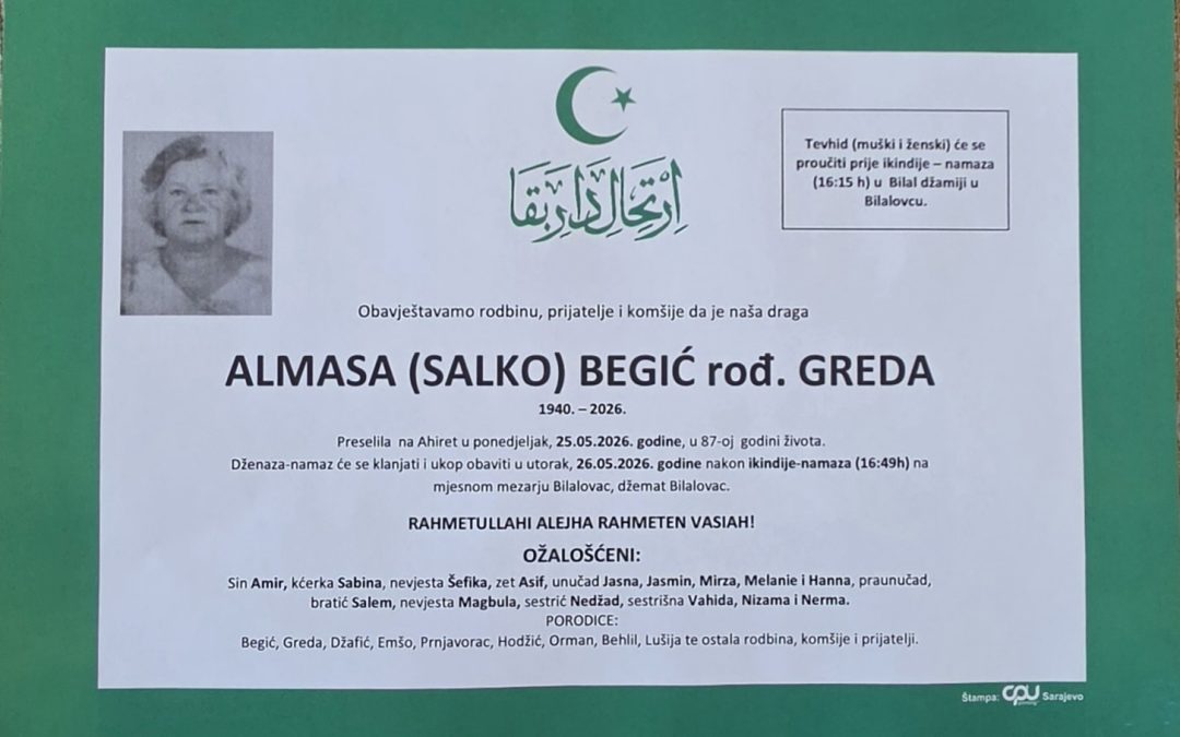 Preminula je Almasa Begić, rođ. Greda