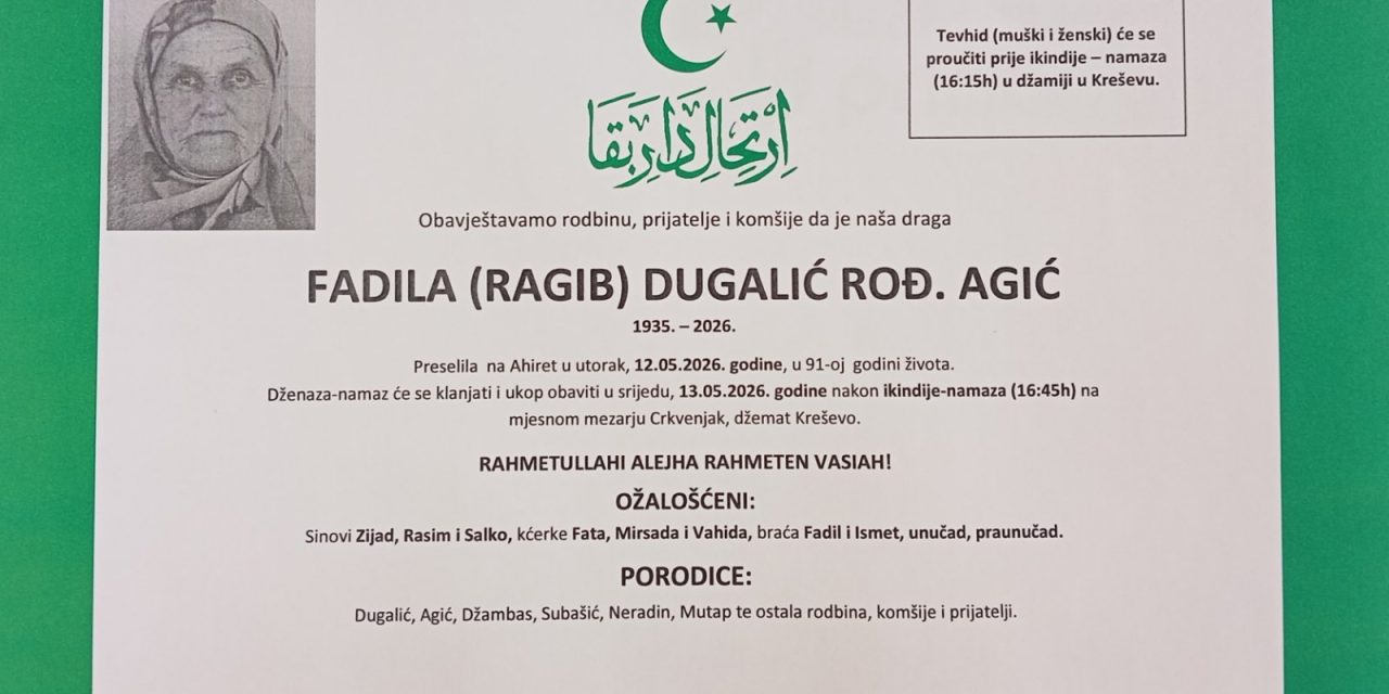 Preminula je Fadila Dugalić, rođ. Agić