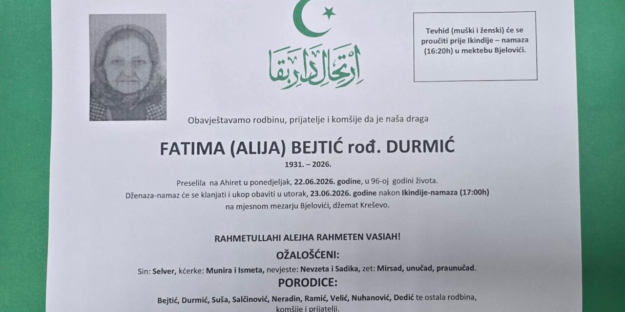 Preminula je Fatima Bejtić, rođ. Durmić