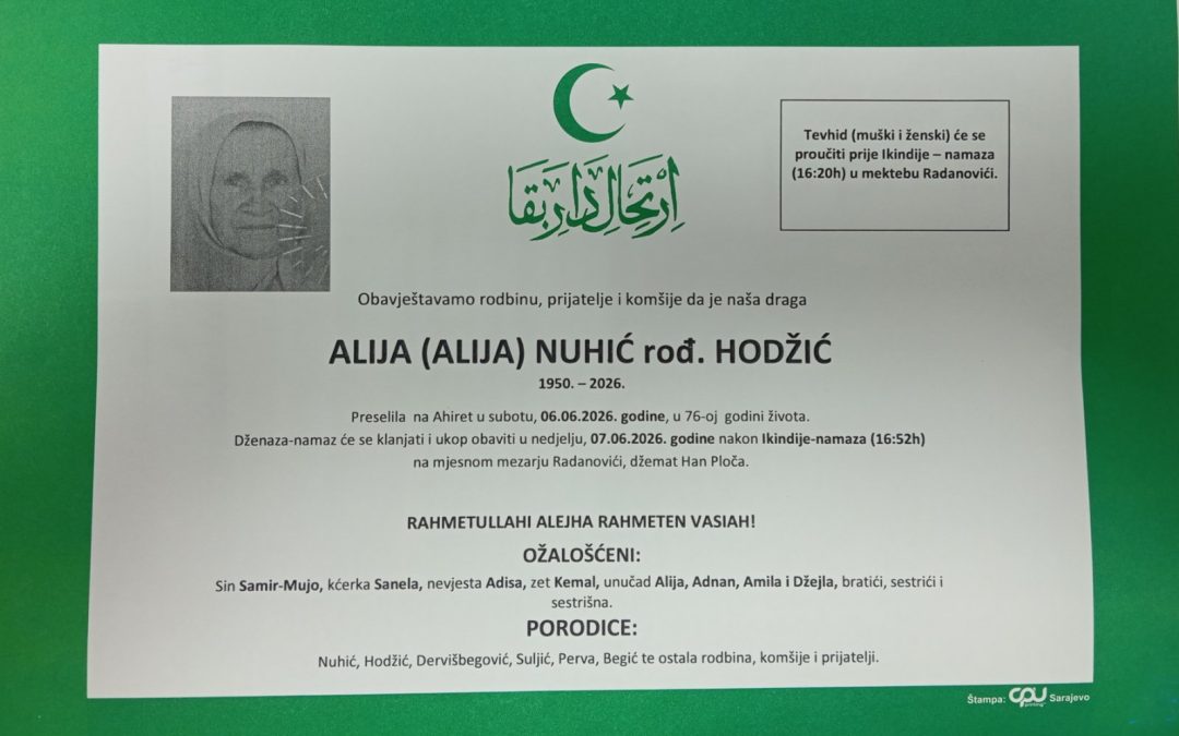 Preminula je Alija Nuhić, rođ. Hodžić