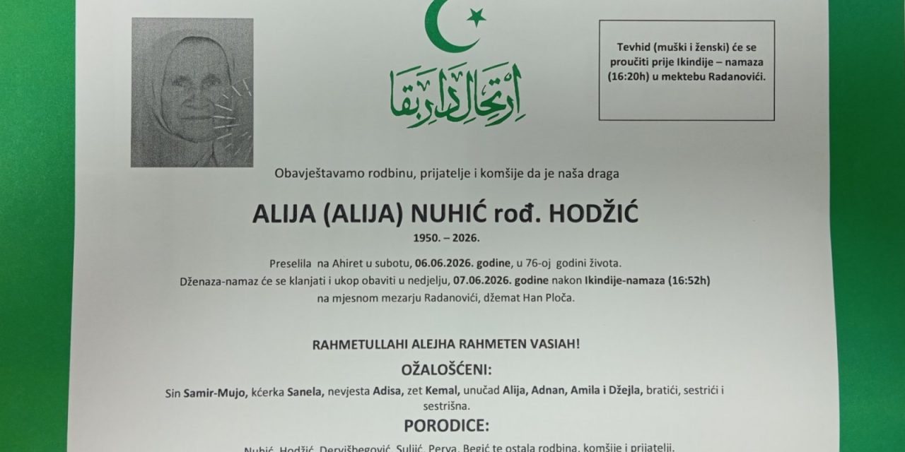 Preminula je Alija Nuhić, rođ. Hodžić