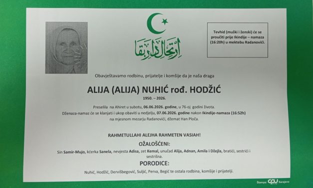 Preminula je Alija Nuhić, rođ. Hodžić