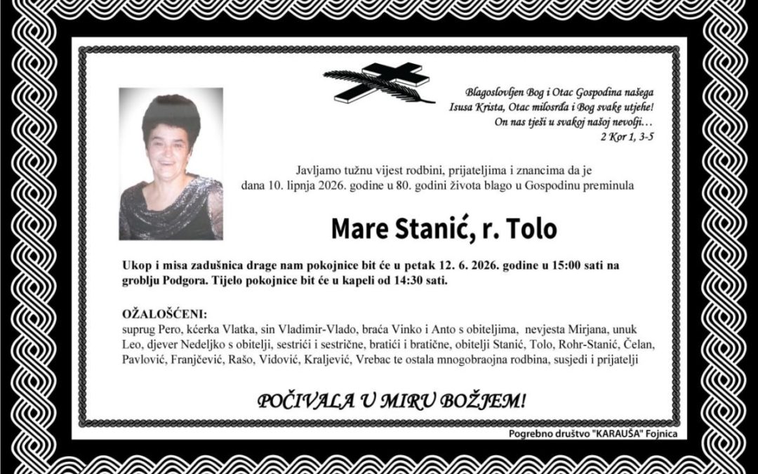 Preminula je Mare Stanić, rođ. Tolo