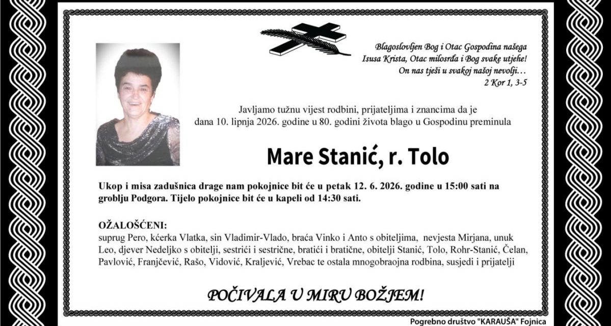 Preminula je Mare Stanić, rođ. Tolo