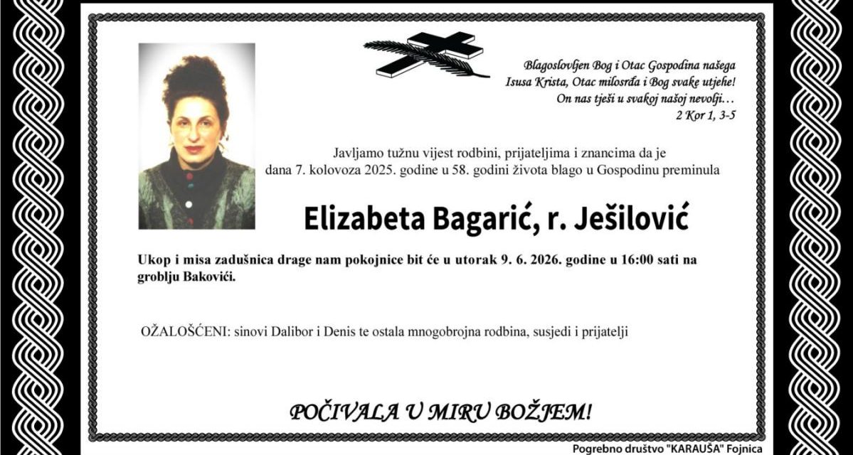 Preminula je Elizabeta Bagarić, rođ. Ješilović