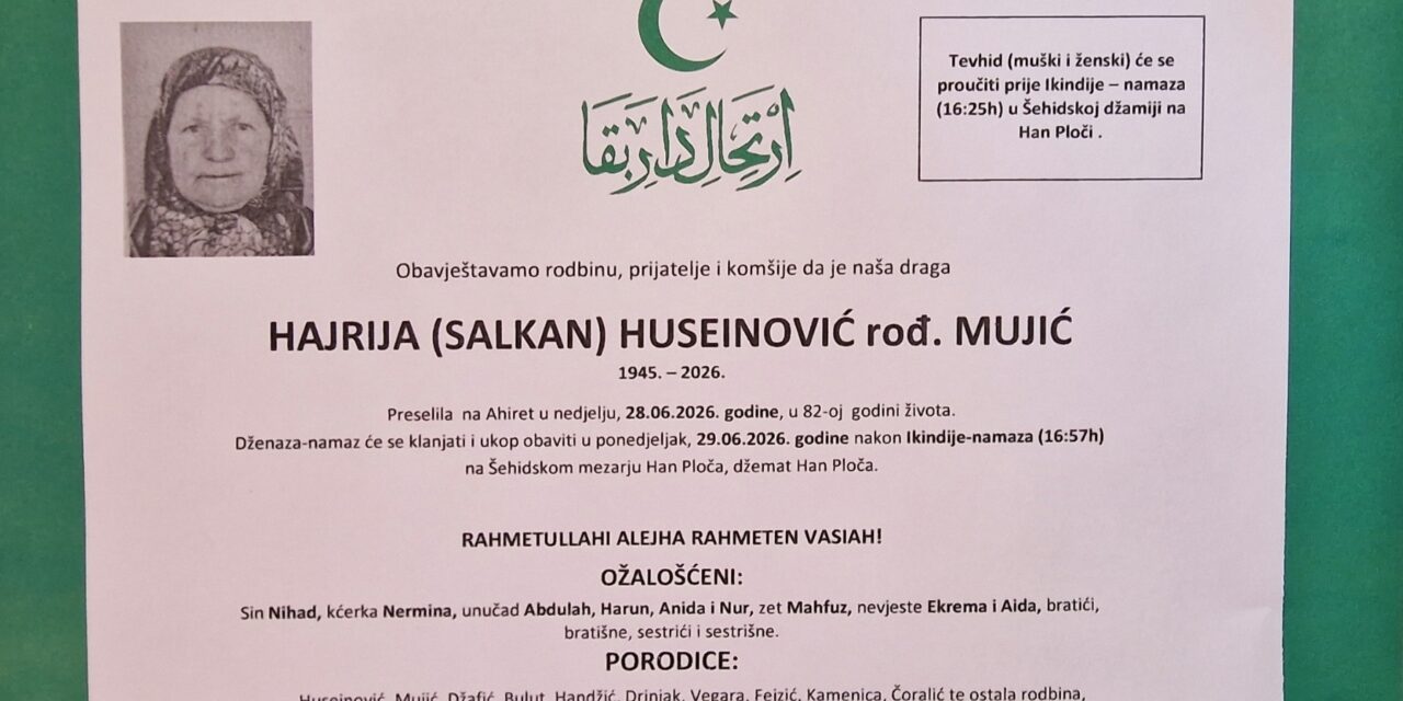 Preminula je Hajrija Huseinović, rođ. Mujić