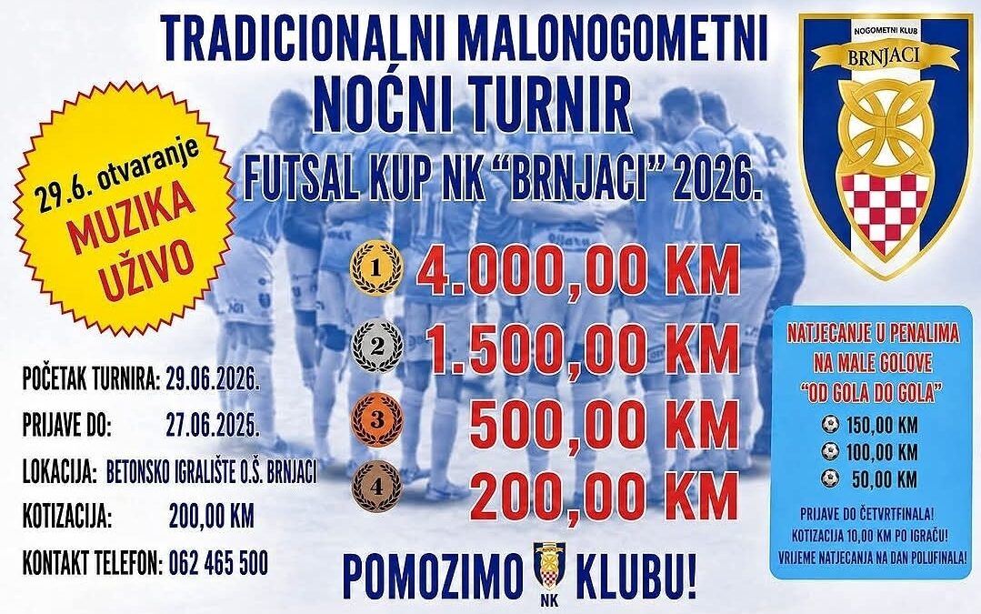 Bogat nagradni fond i vrhunska zabava: Najavljen tradicionalni Futsal kup NK “Brnjaci” 2026.