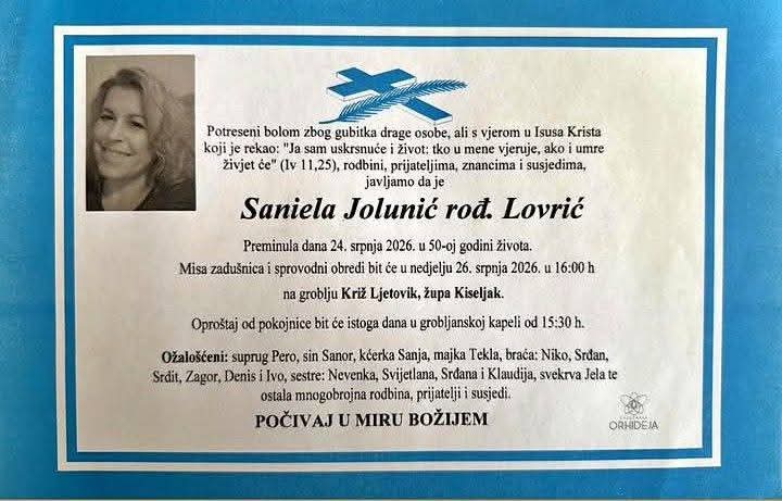 Preminula je Saniela Jolunić, rođ. Lovrić