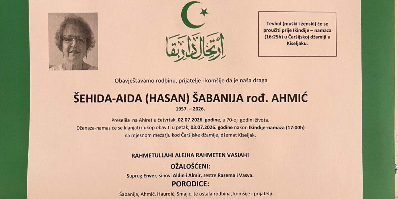 Preminula je Šehida-Aida Šabanija, rođ. Ahmić