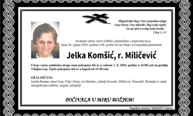 Preminula je Jelka Komšić, rođ. Miličević