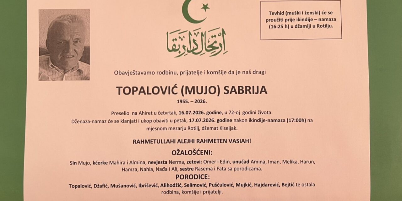 Preminuo je Sabrija Topalović