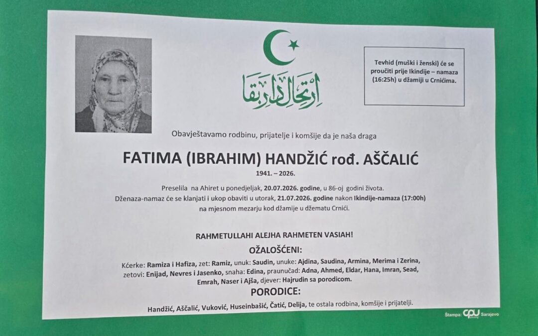 Preminula je Fatima Handžić, rođ. Aščalić