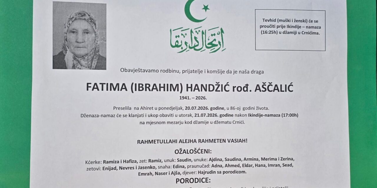 Preminula je Fatima Handžić, rođ. Aščalić