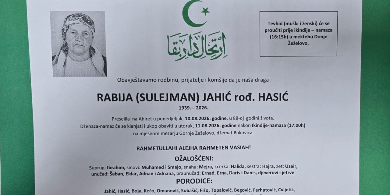 Preminula je Rabija Jahić, rođ. Hasić