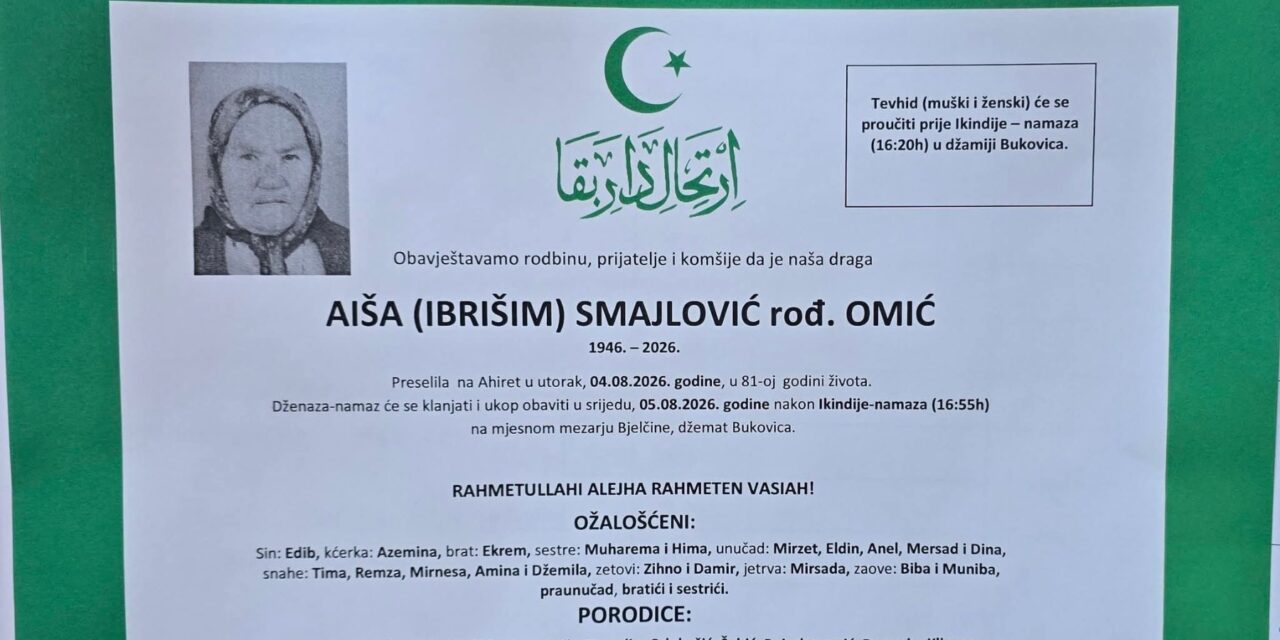 Preminula  je Aiša Smajlović, rođ. Omić