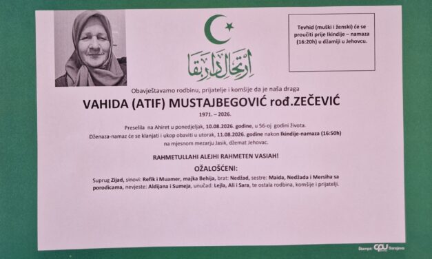 Preminula je Vahida Mustajbegović, rođ. Zečević