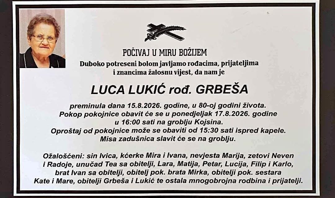 Preminula je Luca Lukić, rođ. Grbeša