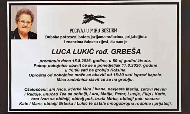 Preminula je Luca Lukić, rođ. Grbeša