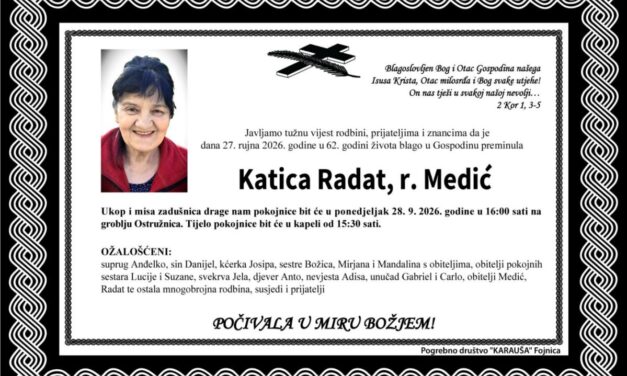 Preminula je Katica Radat, rođ. Medić