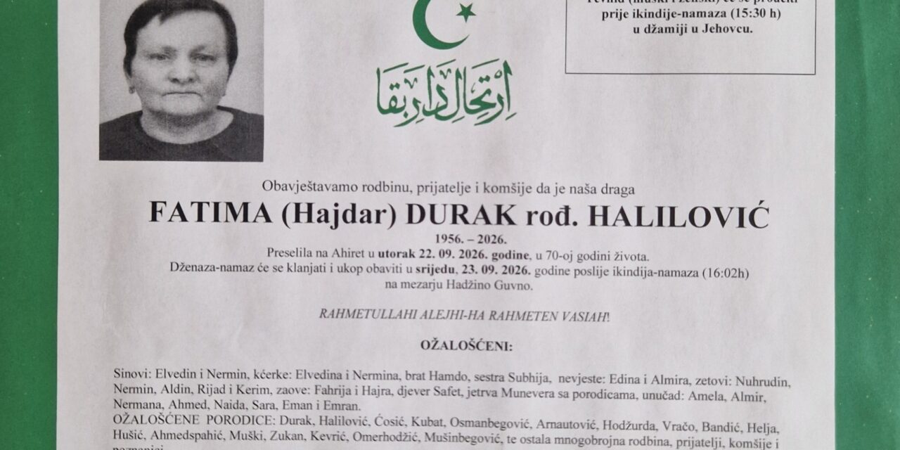 Preminula je Fatima Halilović, rođ. Durak