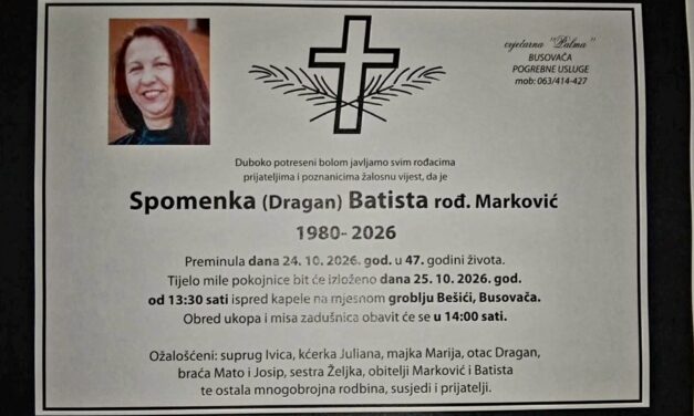 Preminula je Spomenka Batista, rođ. Marković