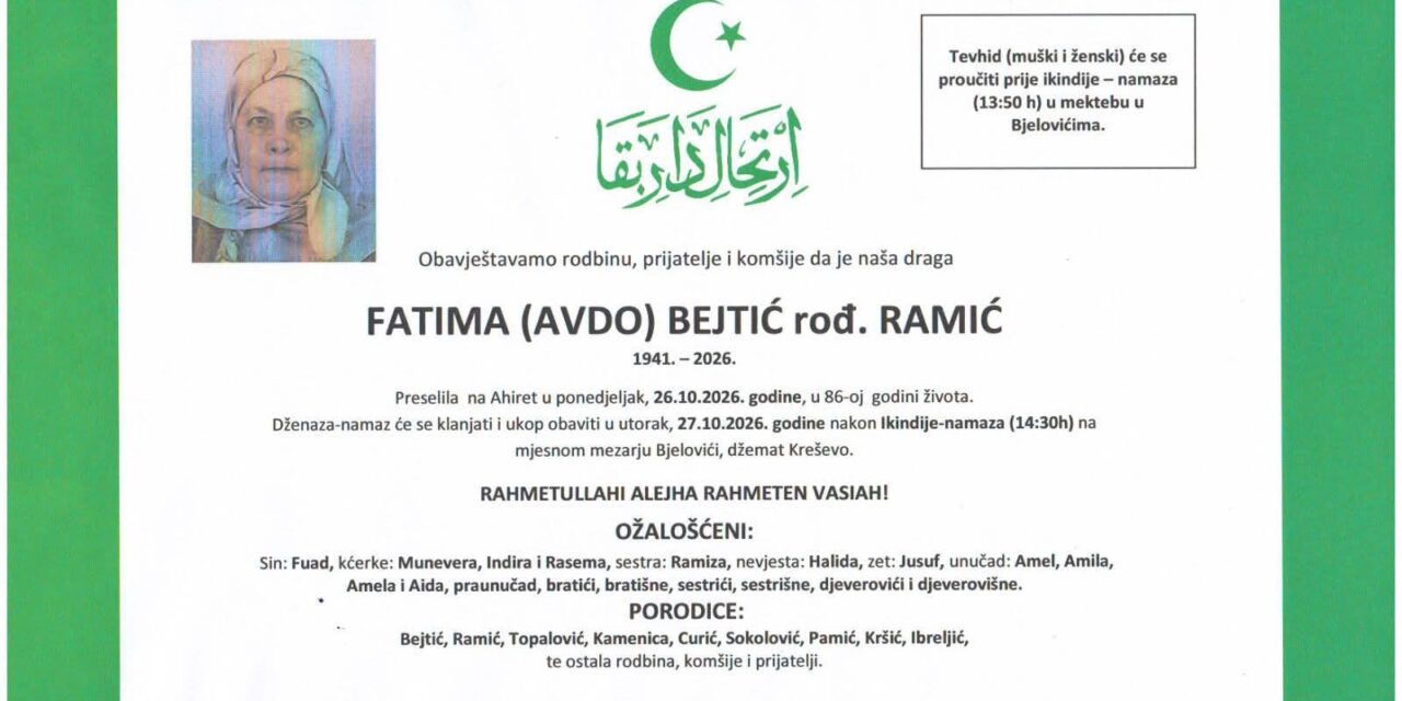 Preminula je Fatima Bejtić, rođ. Ramić